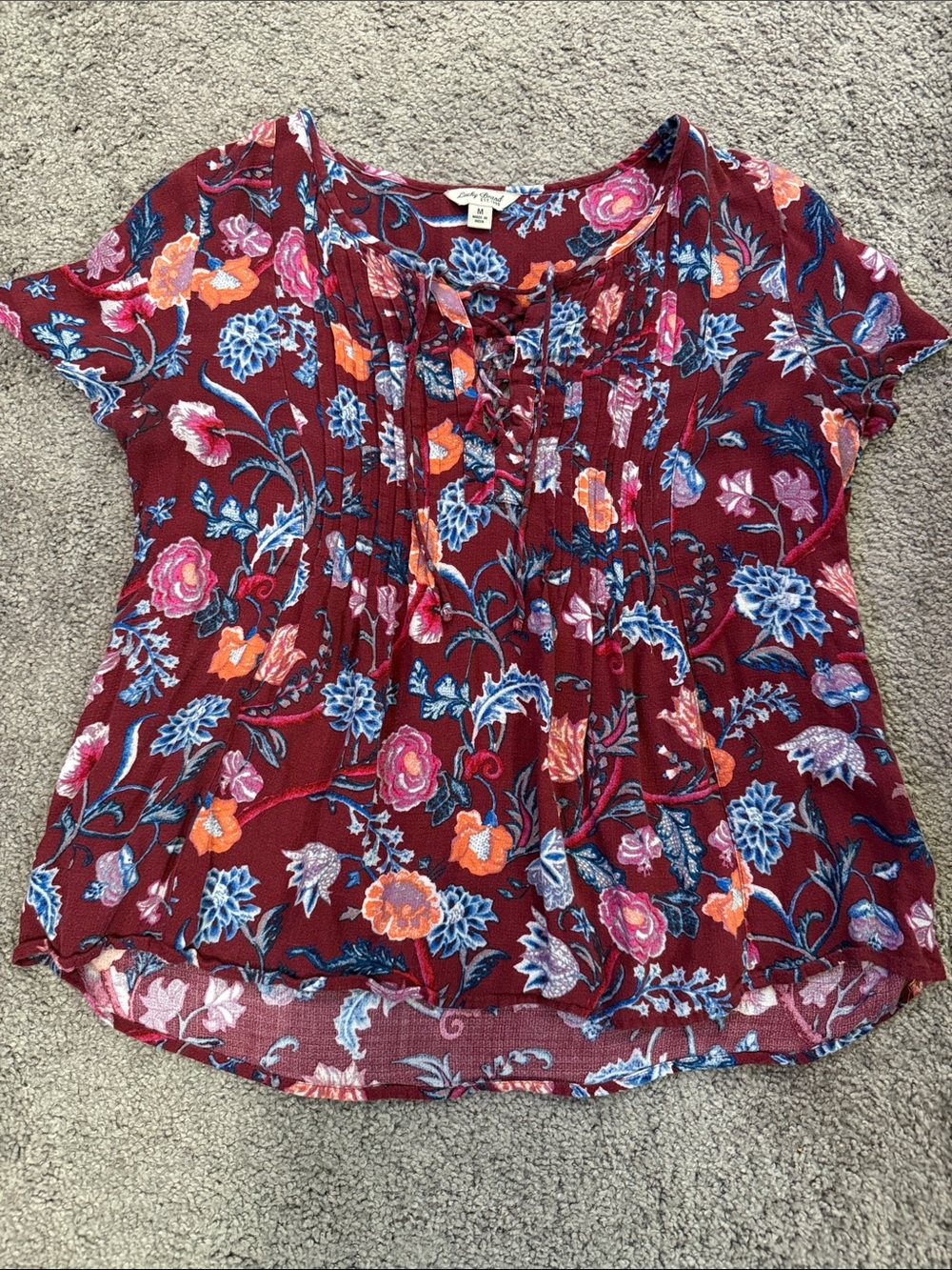 Lucky Brand Burgundy Floral Pintuck Short Sleeve Top